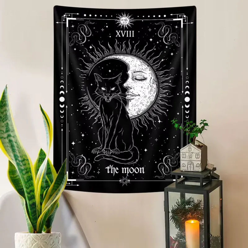 VIKAMA Mond-Tarot-Wandteppich mit schwarzer Katze und Stern-Mond-Muster in Schwarz, Wanddekoration für Wohnzimmer und Schlafzimmer - Bild 5