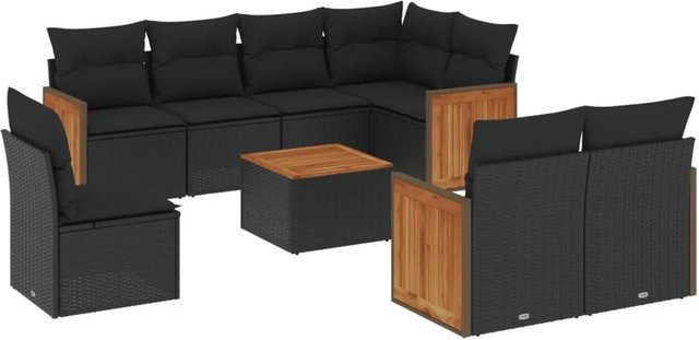 vidaXL 9-tlg Garten-Sofagarnitur in L-Form aus Polyrattan und Akazienholz mit Kissen in Schwarz - Bild 1
