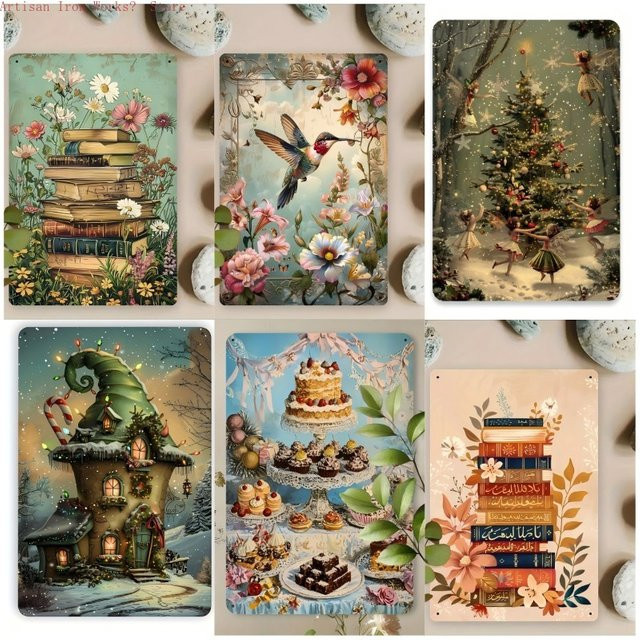 6er Set Metallschilder Potdemiel im Vintage-Stil, bunte Blechposter-Kollektion für Wanddekoration im Landhausstil - Bild 1