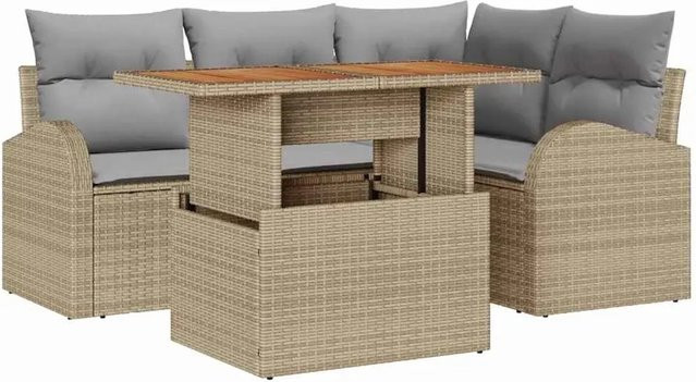 vidaXL Garten-Sofa-Set aus Poly Rattan und Stahl in Beige, 5-teiliges L-Shape Set mit Ecksofa, Mittelsofa, Armsofas mit Stauraumfunktion und Gartentisch - Bild 1