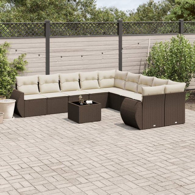 vidaXL 11-tlg. Garten-Sofagarnitur in L-Form aus braunem Polyrattan mit UV-beständigen Kissen und Metallrahmen - Bild 3