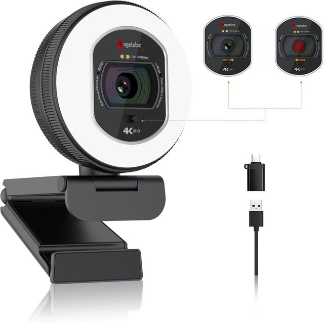 Angetube 4K UHD Webcam mit integriertem Ringlicht und Privatsphäre-Schutz, USB-A und USB-C Anschluss, Schwarz - Bild 1