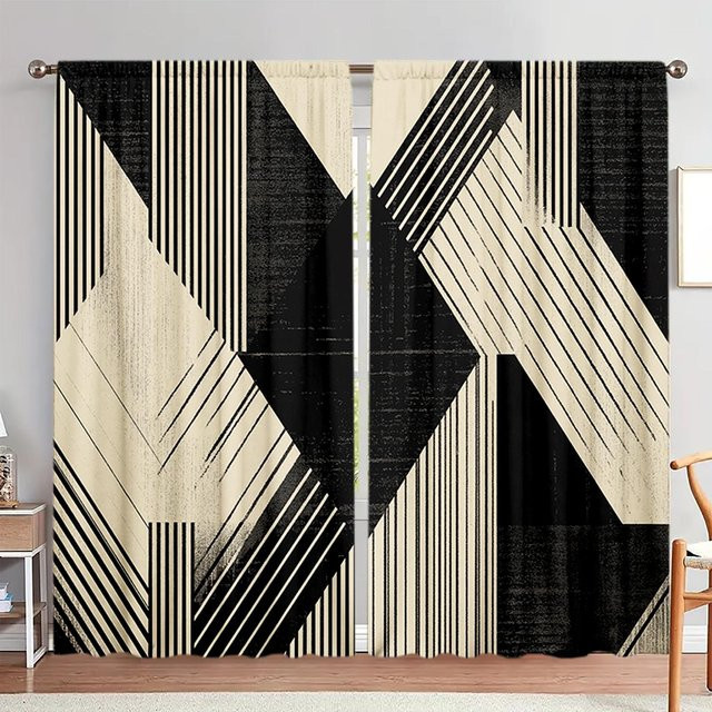 2er-Set moderne Vorhänge mit unregelmäßigem Streifenmuster in Schwarz, halbtransparent, Breite: 52,5 cm, Höhe: 116 cm - Bild 1