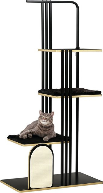 Svintora Katzen-Kratzbaum im Industrial Design mit Metallrahmen, drei Holzplattformen, zwei Plüsch-Liegematten und Sisal-Kratzwand in Schwarz Matt - Bild 1