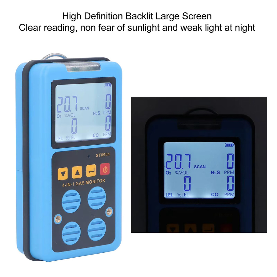 KKMOON 4-in-1 Gasmonitor für CO, H2S, O2 und LEL mit Ton-, Licht- und Vibrationsalarm sowie hintergrundbeleuchtetem Display in Blau - Bild 4