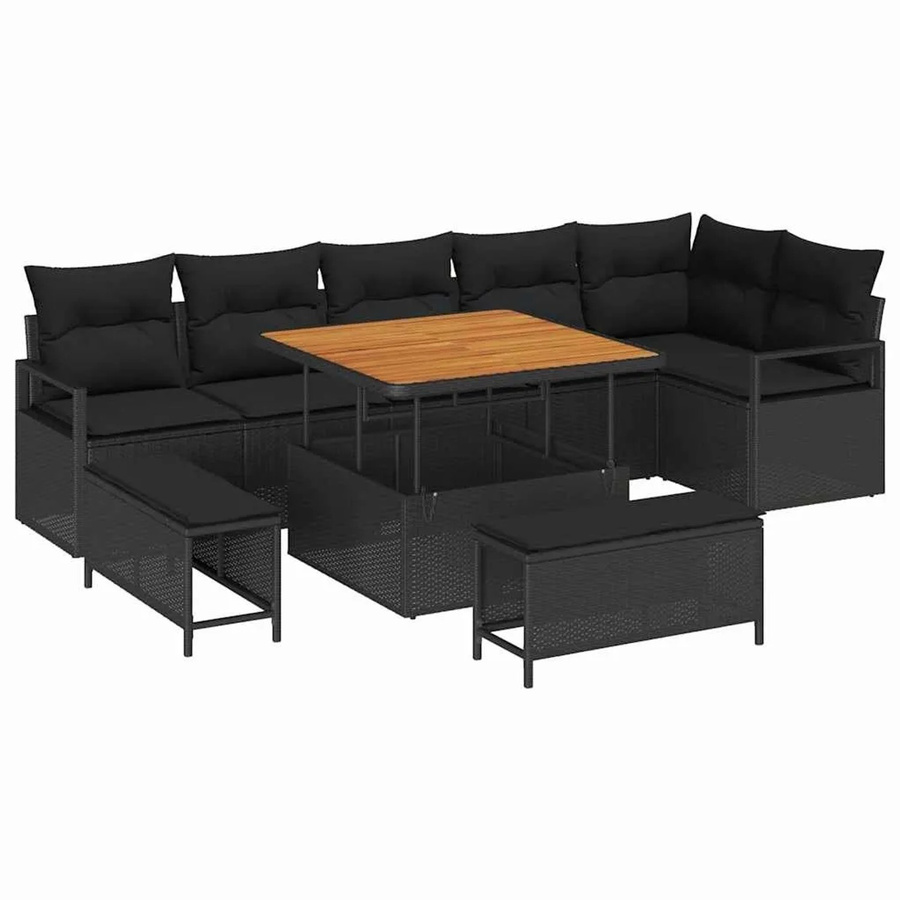 vidaXL Garten-Sofa-Set in L-Form mit 9 Teilen, Schwarz, inklusive Kissen und Stauraum für Terrasse und Garten - Bild 2