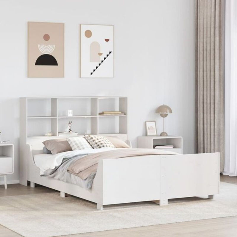 Massivholzbett aus Kiefer mit Regal in Weiß von Vidaxl, B/T/H: 160 x 200 cm - Bild 1
