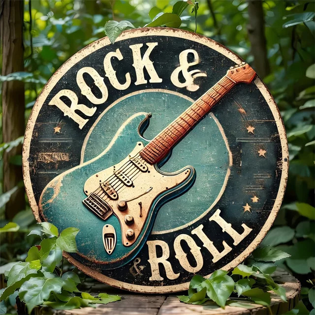 HELLOYOUNG Aluminium-Metall-Blechschild Rock & Roll mit Gitarrenmotiv, runde Wandkunst-Dekoration in Multicolour, B/H: 20 x 20 cm - Bild 1