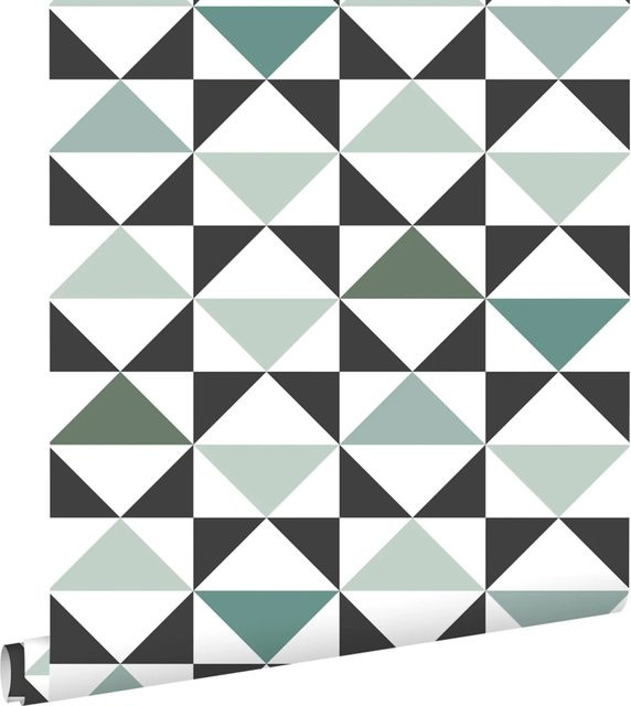 ESTAhome Tapete mit grafischem Dreiecksmuster in Weiß, Schwarz, Mintgrün und Seegrün, Breite: 53 cm, Länge: 1005 cm - Bild 1