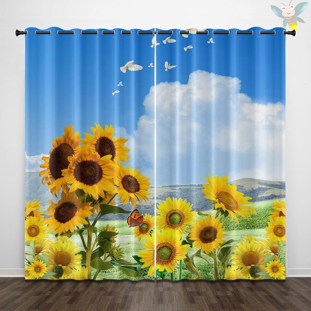 2er-Set halbtransparente Vorhänge mit Sonnenblumenmuster im Retro-Landhausstil, B: 140 cm, H: 160 cm, Mehrfarbig - Bild 1