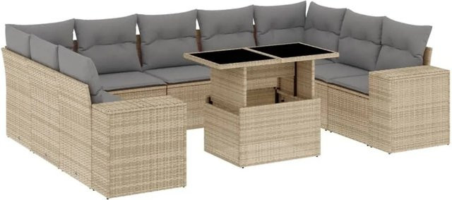 vidaXL 10-teilige Garten-Sofagarnitur in L-Form aus Poly-Rattan mit beigen Kissen und pulverbeschichtetem Stahlrahmen - Bild 1