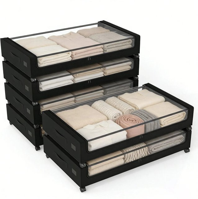 Sekey Unterbettkommode mit Deckel und Rollen, 6er Set Aufbewahrungsboxen aus Stoff und Metall, Transparent/Schwarz, B: 78,0 cm, T: 44,0 cm, H: 18,0 cm - Bild 1