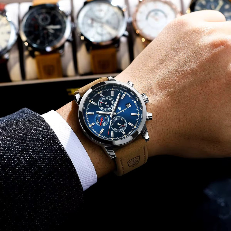 POEDAGAR Armbanduhr Chronograph, Quarz, Leder, Blau, Herren - Bild 6