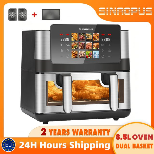 Sinaopus Dual-Korb Heißluftfritteuse mit 8,5L Volumen, 2000W, LED-Touchscreen, Sichtfenster und 12 Programmen, Schwarz - Bild 1