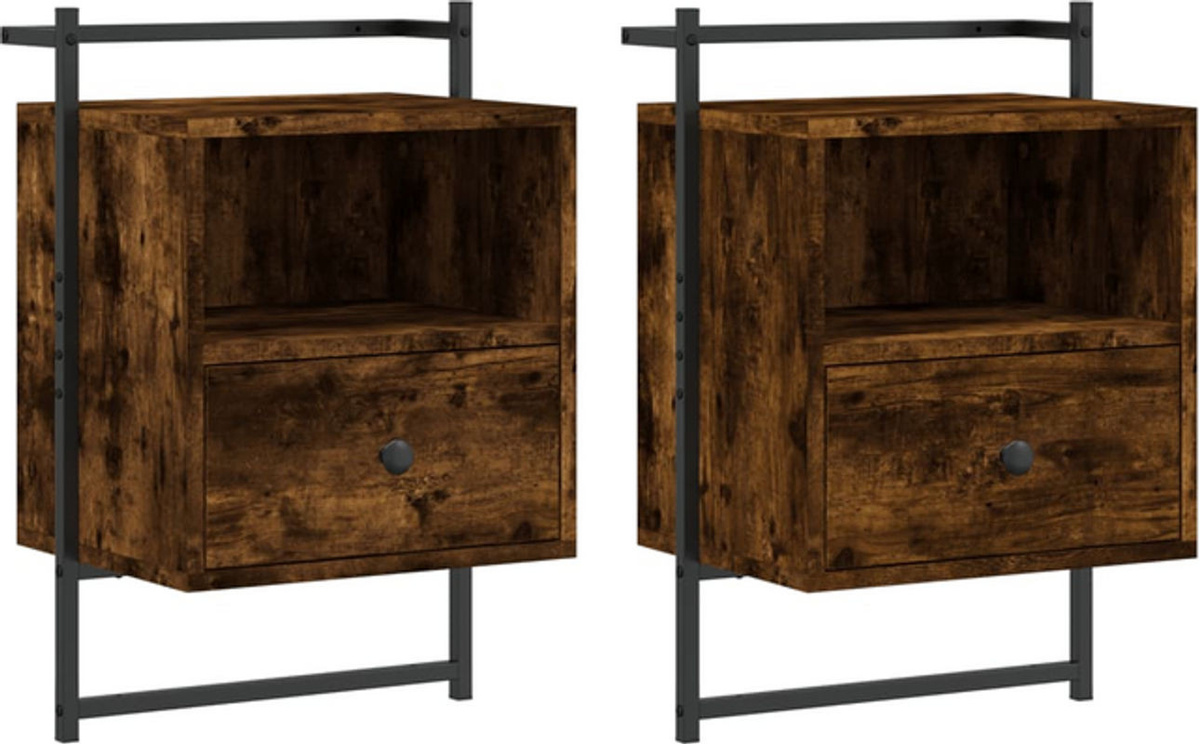 Vidaxl Wand-Nachttische 2er-Set im Industrial-Design aus Holzwerkstoff und Metall, Braun, B/T/H: 40 x 30 x 61 cm - Bild 1