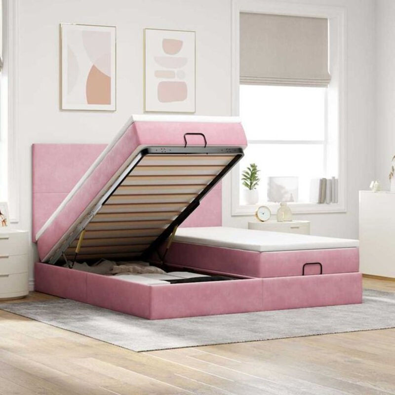 Vidaxl Ottoman Polsterbett mit Matratze aus Samt in Rosa, Modernes Bett B/T/H: 200 x 200 x 118 cm - Bild 1