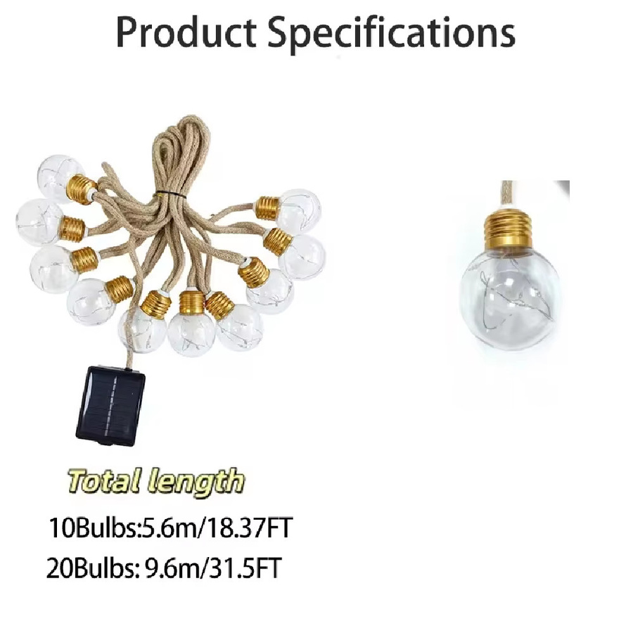 WELPUR Solarbetriebene Lichterkette mit Glaskugeln und Hanfseil in Braun und Transparent, Warmweißes Licht für Garten, Terrasse und Party - Bild 7