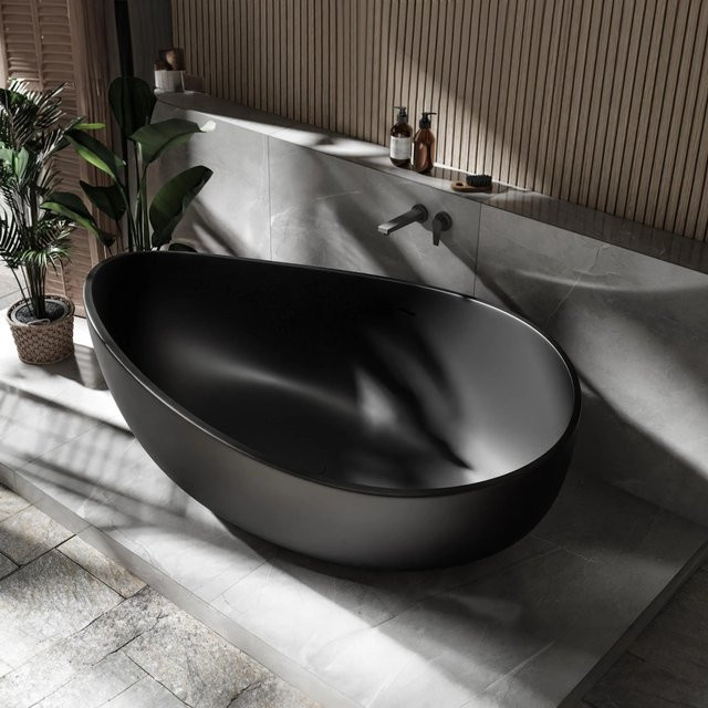 Freistehende Badewanne Bernstein WAVE STONE aus Mineralguss, Schwarz Matt, B/T: 180 x 110 cm - Bild 1