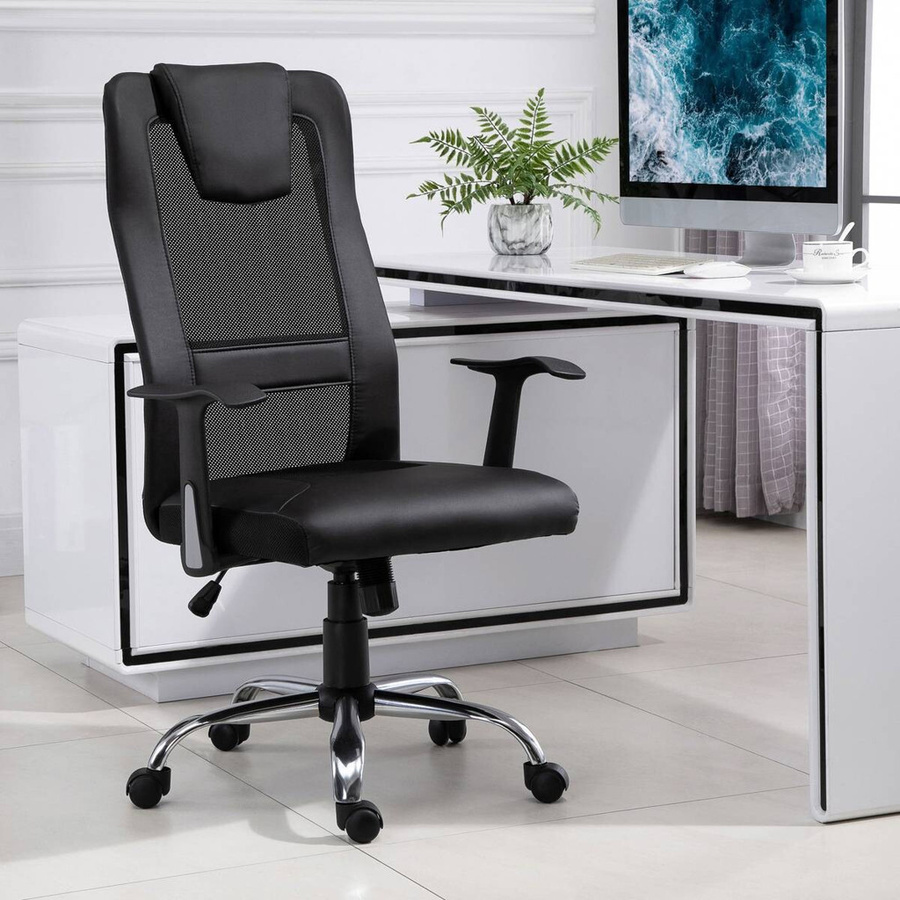 HOMCOM Chefsessel in Schwarz mit Kopfstütze, Armlehnen und Netzstoff, höhenverstellbar und drehbar, B/H: 70 x 124 cm - Bild 4