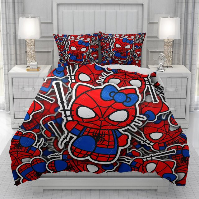 Spiderman und Hello Kitty Bettwäsche Set mit Bettbezug und Kissenbezügen in Rot, B/H: 135 x 200 cm - Bild 1