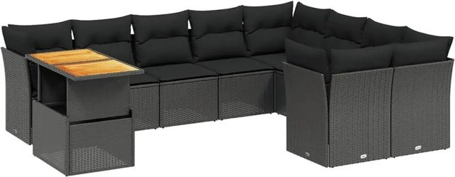 vidaXL 10-teilige Garten-Sofagarnitur in L-Form aus Polyrattan und Akazienholz mit Kissen, Schwarz - Bild 1