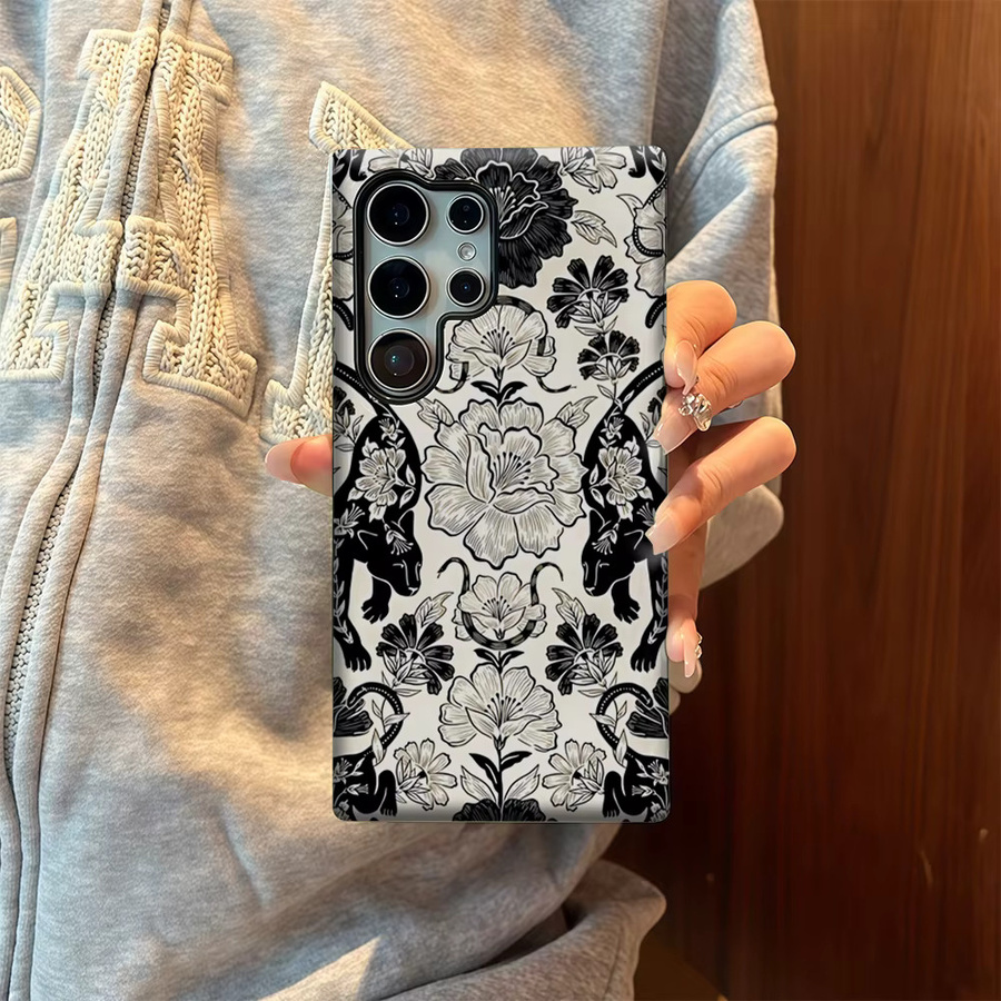 Glänzende Handyhülle mit schwarz-weißem floralem Tier-Design für Samsung Galaxy S25 Ultra, S24 und S23 Ultra Plus mit doppellagiger Rückseite - Bild 5