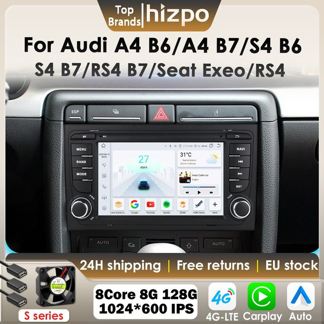 Hizpo Android 13 Auto Radio für Audi A4 B6 2000-2006 S4 B7 RS4 Seat Exeo mit 7 Zoll Display, GPS, Drahtlosem CarPlay und 4G Unterstützung in Schwarz - Bild 1