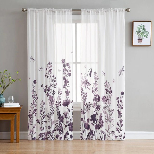 Transparentes Voile Tüll Vorhang mit Blumen, Blatt und Libelle von A Family Of Home Textiles, Farbe: Weiß, Breite: 135 cm, Höhe: 114 cm - Bild 1