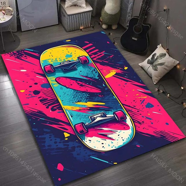 UQIDEHOME Skateboard-Druck Teppich mit geometrischem Design, rutschfest und waschbar, B/T: 90 x 130 cm, Mehrfarbig - Bild 1