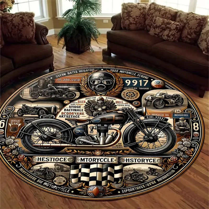 VIKAMA Runder Teppich im Vintage Motorrad Design mit karierter Flagge, rutschfest und waschbar, Multicolour, Durchmesser: 60 cm - Bild 3