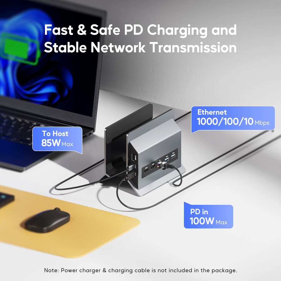 PULWTOP 11-in-1 USB-C Laptop-Dockingstation mit Dual-Monitor-Unterstützung und vertikalem Ständer in Schwarz und Grau - Bild 3