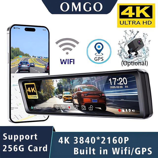OMGO Dashcam Rückspiegel mit Dual-Objektiv, 4K UHD 2160P, GPS und WiFi, 11,26 Zoll IPS Bildschirm, Schwarz - Bild 1