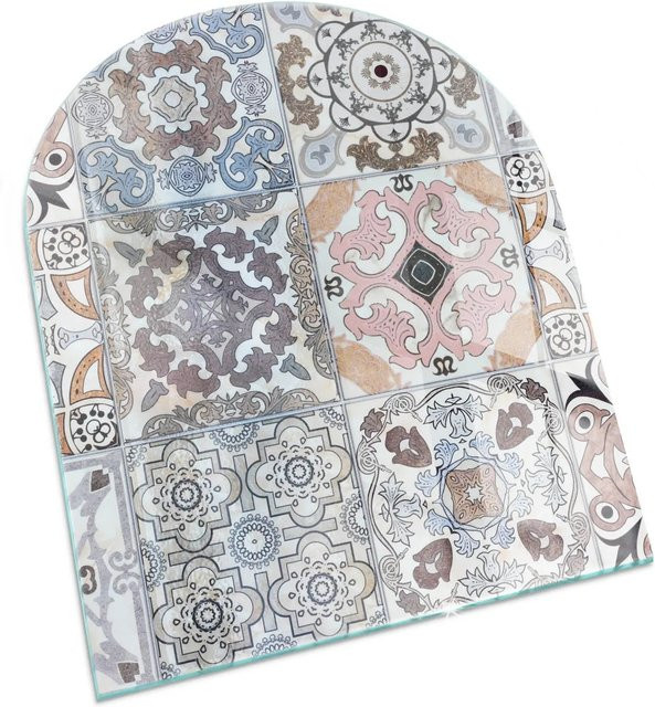 Tulup Glasplatte für Kaminöfen mit Mosaikmuster in Grau, Halbkreis, B: 80 cm, H: 70 cm - Bild 1
