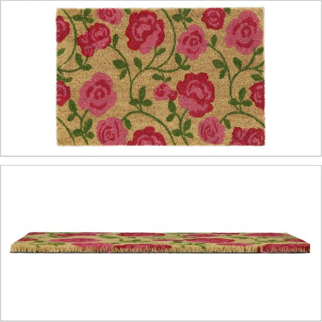 Relaxdays Kokos Fußmatte mit floralem Rosen-Motiv in Pink und Grün, rutschfest und wetterfest, B/T/H: 60 x 40 x 1,5 cm - Bild 1
