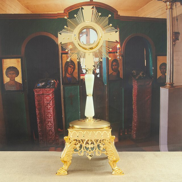 HTISOK Monstranz aus Metall in Gold mit Messingpolitur, runde Form für den Kirchenbedarf - Bild 1