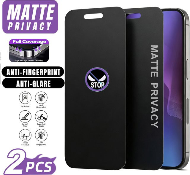 2 Stück Mattierte Sichtschutz-Displayschutzfolie aus gehärtetem Glas in Schwarz, kompatibel mit iPhone 17 Pro Max, 17 Air, 16 Pro Max, 16E, 15 Pro Max und 15 Plus - Bild 1