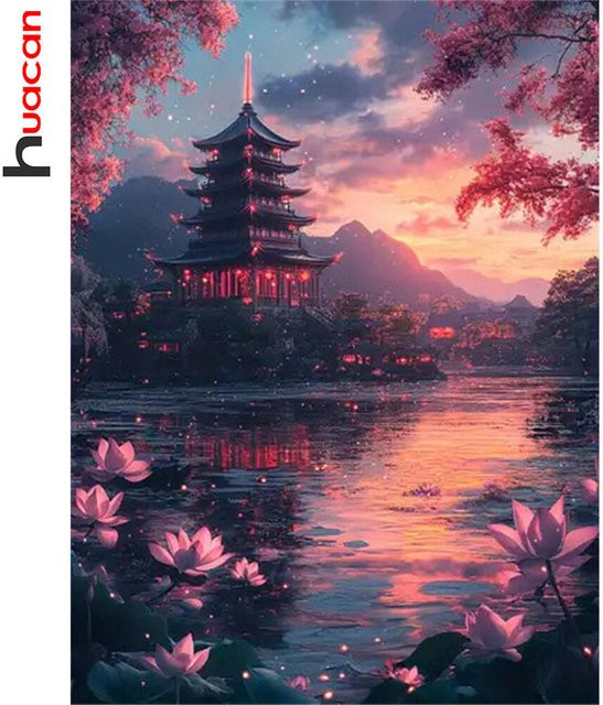 Huacan 5D DIY Diamantmalerei Lotusteich Sonnenuntergang Turm, Rundes Mosaik Bild mit Strass Steinen in Mehrfarbig, Wanddekoration Floral Orientalisch - Bild 1