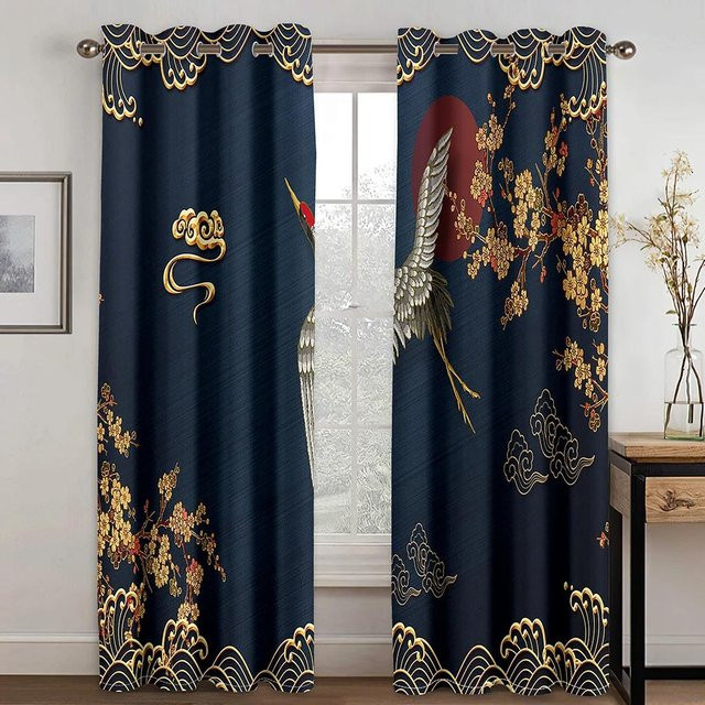 Yiran Furniture Verdunkelungsvorhänge Japanische Sonnenaufgangswelle in Schwarz und Blau, 2er-Set mit Ösen, Breite: 70 cm, Höhe: 215 cm - Bild 1