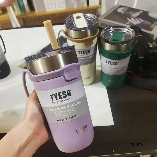 Tyeso Thermoskanne aus Edelstahl in Blau mit Strohhalm, isolierte Kaffeetasse und Isolierflasche, 550 ml oder 710 ml - Bild 1