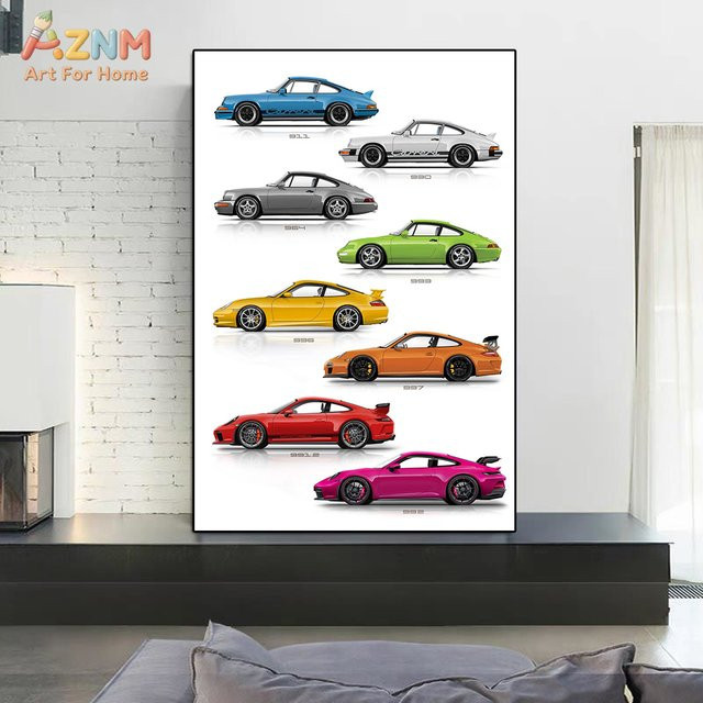 AZNM Porsche 911 Generations Evolution Leinwand-Wandkunst, ungerahmtes Sportwagen-Poster in Multicolour - Bild 1