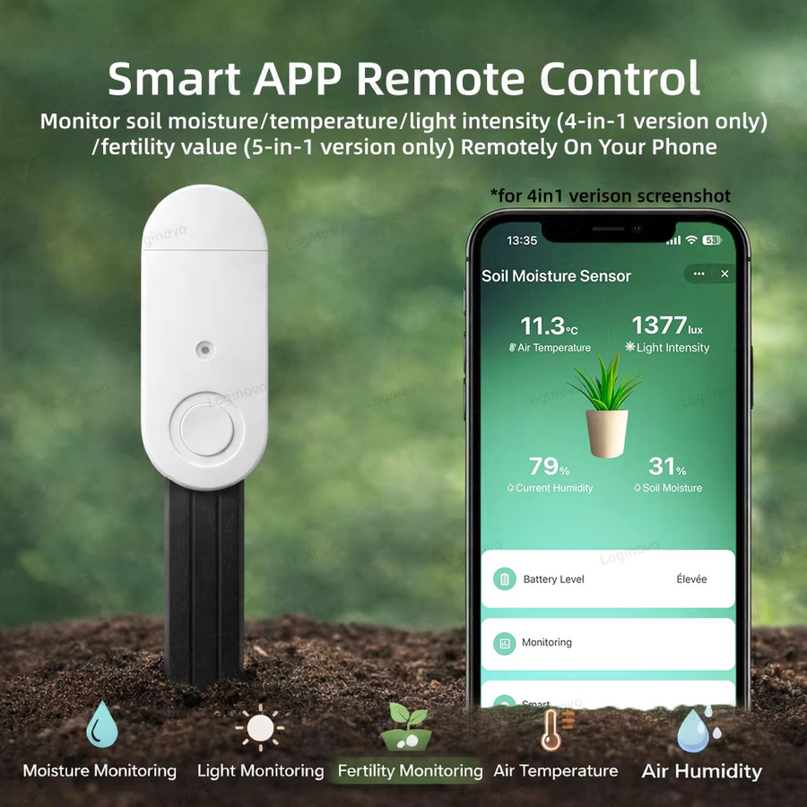 Loginovo Zigbee Bodenfeuchtesensor für Tuya Smart Life zur Messung von Licht, Temperatur und Feuchtigkeit als Pflanzenmonitor in Weiß - Bild 4