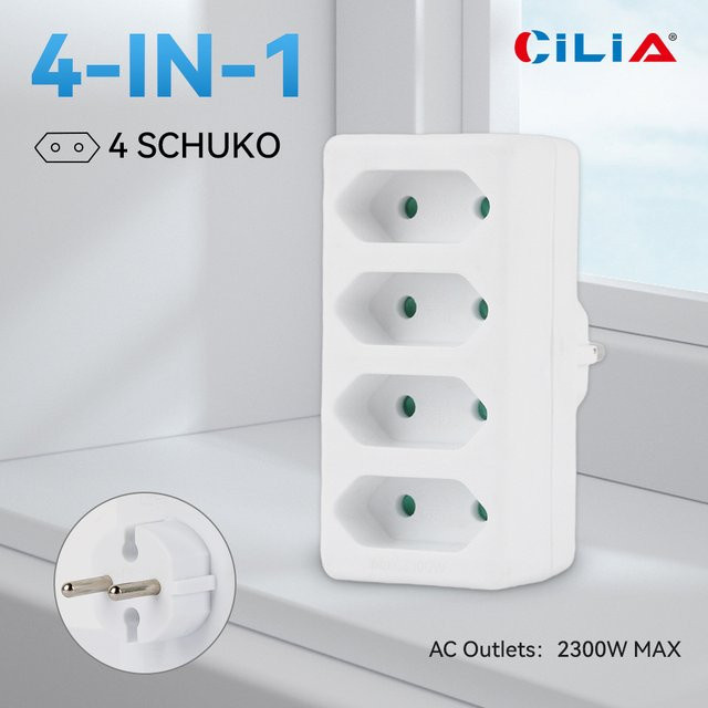 CILIA Typ F zu C EU-Steckeradapter mit 3 Steckdosen in Weiß - Bild 1