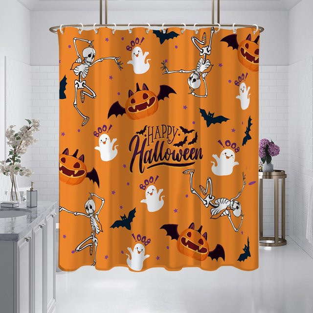 Duschvorhang mit Halloween Totenkopf-Print von Household supplies MH, Orange, wasserdicht und schimmelresistent, B/H: 180 x 180 cm - Bild 1
