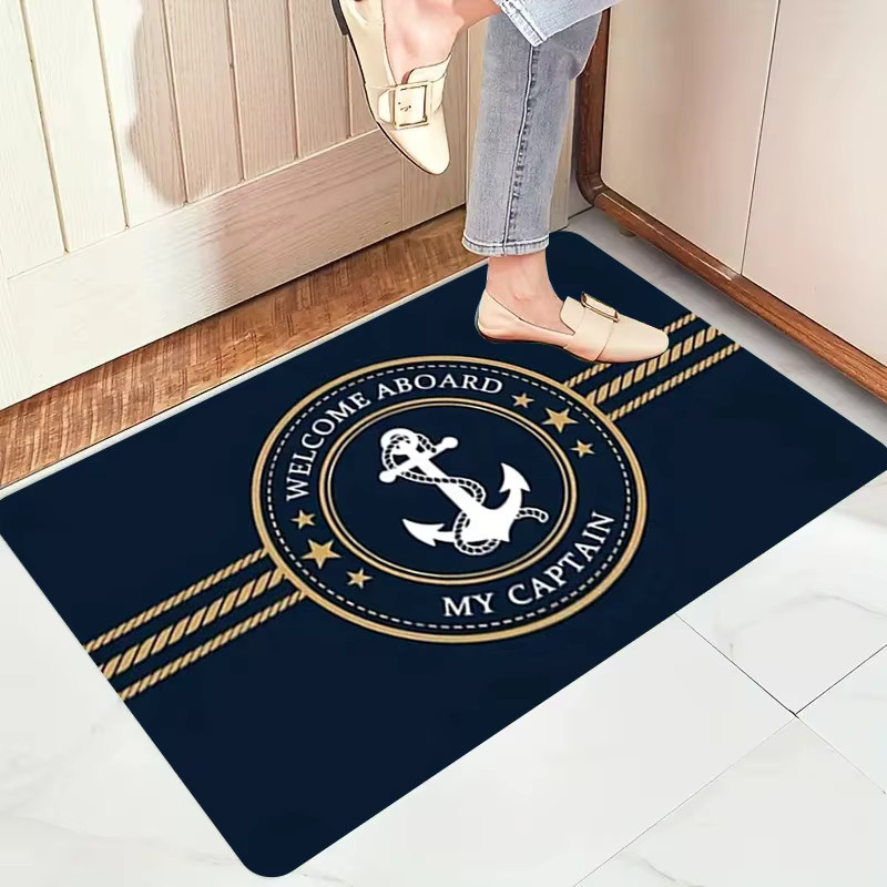 VIKAMA Nautische Anker-Fußmatte Welcome Aboard My Captain, rutschfester und waschbarer Eingangsteppich in Marineblau, B/T: 80 x 50 cm - Bild 3