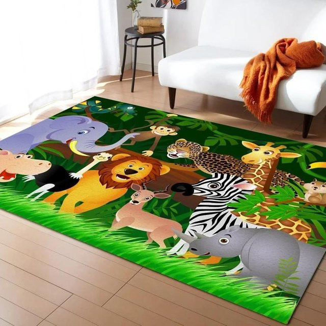 Binchi Furniture Dschungel-Cartoon-Tierteppich mit Giraffen und Löwen, bunter Kinderteppich für Wohnzimmer, Schlafzimmer oder Badezimmer, B/T: 80 x 120 cm - Bild 1
