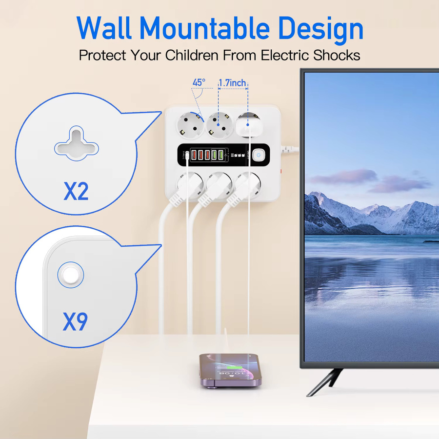 Steckdosenleiste mit Sicherheitsschalter und USB-Typ-C-Anschlüssen, 2 m Kabel, 3000 W mit Überlastschutz für Büro und Zuhause - Bild 3