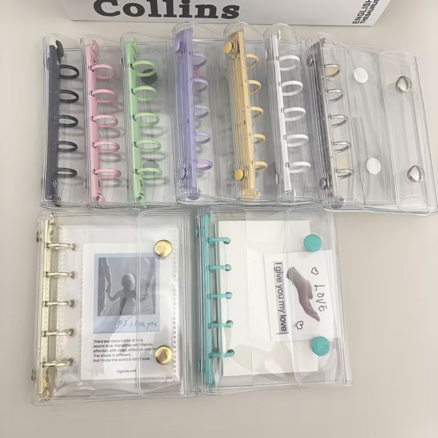 Transparente PVC-Bindereinlage mit 5-Loch-Dreifachfaltung und Mini-Notizblock für Loseblatt-Notizbücher in Lila - Bild 1