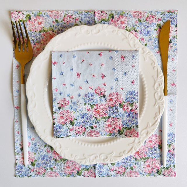 20 Stück Rosa und Blaue Hortensien Blumen-Cocktailservietten aus Papier, 3-lagig, Floral für Hochzeit und Picknick - Bild 1
