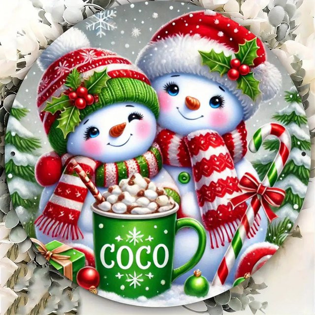 Potdemiel Metallwandkunst 2D FlatSnowman und Hot Cocoa – Rundes Blechschild für die Weihnachtsdekoration, Mehrfarbig, Durchmesser: 20 cm - Bild 1
