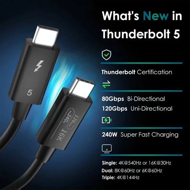 Thunderbolt 5 USB-C Kabel in Schwarz mit 120Gbps Datenübertragung und 240W Schnellladefunktion, geflochtenes Typ-C Kabel für Laptop mit Unterstützung für 4K@540Hz und doppelte 8K@120Hz Auflösung - Bild 1